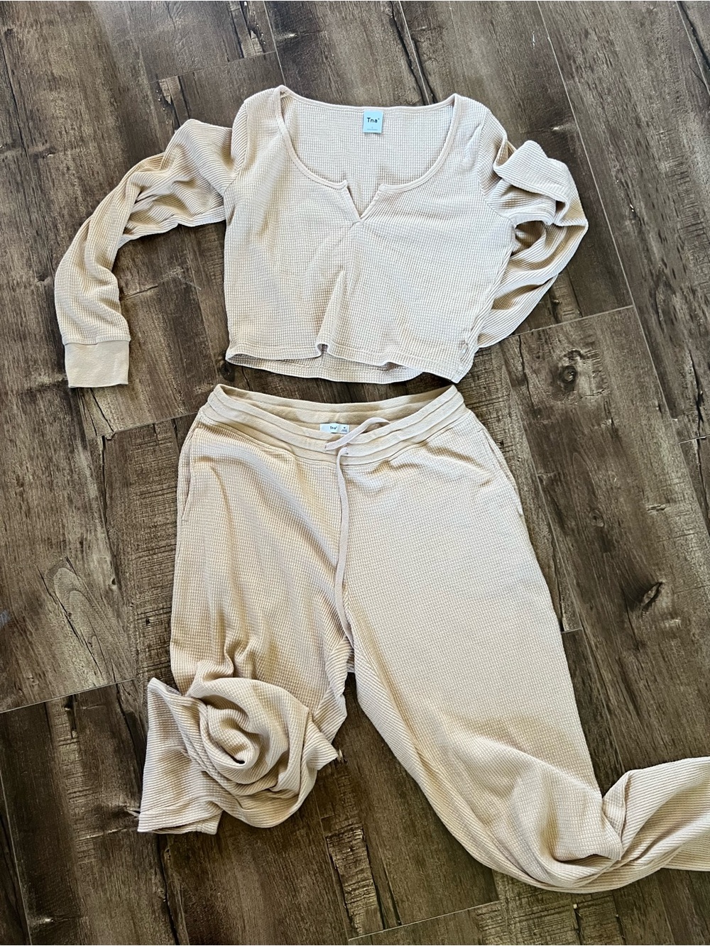 TNA Beige Waffle Knit Lounge Set - Long Sleeve Top & Joggers